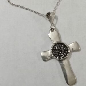 Noa Zuman 929 Sterling Silver Charcoal & Platinum Drusy Silver Cross Pendant Set